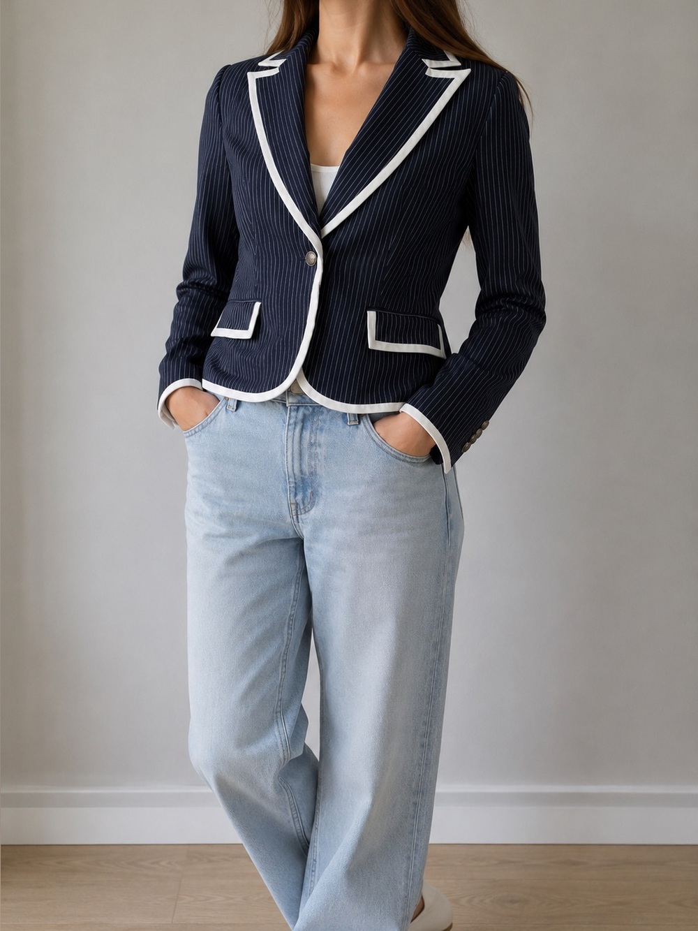 NYGÅRD Collection Navy Pinstripe Linen Blazer White Trim Size 12 vintage y2k